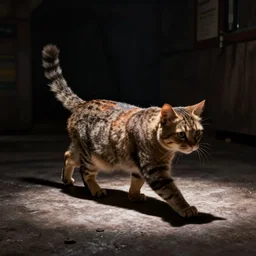 scene of cat walking in the dark basement, dark lighting, zootopia