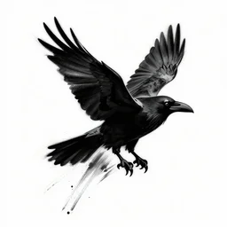 tattoo sketch. black silhouette of a flying raven with paint streaks, white background