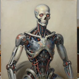 biomechanoid artist painting a self - portrait on a canvas. intricate, highly detailed, digital matte painting in the style of gil elvgren and in the style of h. r. giger. irony, recursion, inspiration.