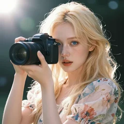 pale young woman with bright blonde hair, freckles, blue eyes and a wide face, flowery dress, she is holding a professional dslr camera close to her face, dramatic lighting, bright flare, surreal art by conrad roset