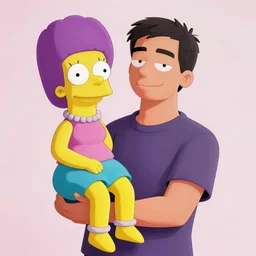 young man holding an Maggie Simpson, 14mm high-resolution color photo, GTA graphics, unreal engine