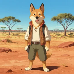stylized 3 / 4 portrait concept art of the anthro anthropomorphic dingo dog head animal person fursona wearing clothes adventurer standing in australia outback, hidari, color page, tankoban, 4 k, tone mapping, akihiko yoshida, greg rutowski, yoji shinkawa