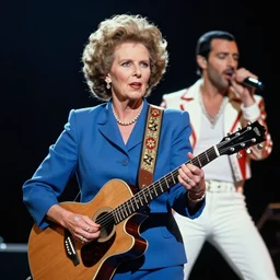 photograph of margaret thatcher playing guitar on stage with freddie mercury singing at live aid 1 9 8 3 kodachrome washed out color