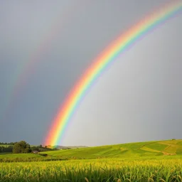 a beautiful rainbow, many colours over an idyllic landscape
