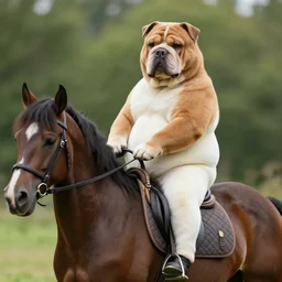 fat armoured dog riding a horse