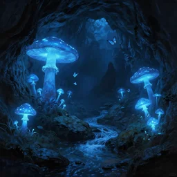 a mystical cave with many magic mushrooms, glowing blue, a stream of water, dark rocks, shadows, atmospheric, butterflies, misty, masterpiece, very detailed, cold blue light, trending on artstation, hyperrealistic, painted by Jessiah Thompson