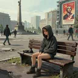 sadie sink in hoodie sits on bench in ruined square, pedestrians walk by, soviet monument and propaganda posters. storyboard, scifi cyberpunk. by gabriel hardman. cinematic atmosphere, detailed and intricate, perfect anatomy