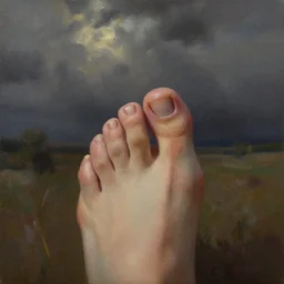 Throbbing toe after stubbing it, soul leaving body, oil painting
