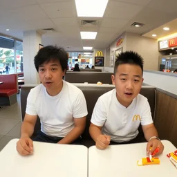 jerma 9 8 5, jerma and gigachad sitting at a booth in mcdonalds, mcdonalds interior, gopro footage