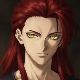 portrait of hisoka morow hunter hunter, male, small eyes very thin pursed lips extremely sharp jaw yellow eyes narrow almond eyes sultry eyes dark red hair soft hair slicked back crimson hair anime, elegant, highly detailed, digital painting, artstation sharp focus, madonna art by artgerm and greg rutkowski and alphonse mucha