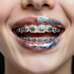 a close up of a person's mouth with braces, an album cover by dr. atl, pinterest contest winner, hyperrealism, made of liquid metal, hyper realism, fractalism