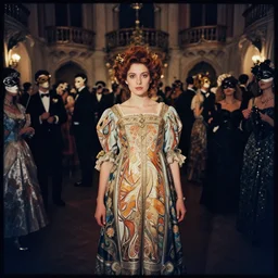lomography, full body portrait photo of reol in a castle ballroom interior at a crowded masquerade party with many, wearing an ornate dress designed by alphonse mucha, moody, realistic, dark, skin tinted a warm tone, light blue filter, hdr, rounded eyes, detailed facial features, very dark, antoni gaudi
