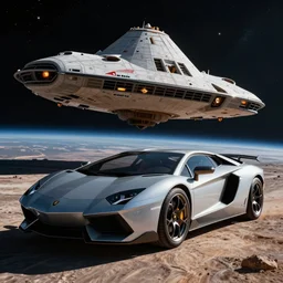 close - up lamborghini space starship landed behind to a car, beautiful space background, ludek pesek, rick guidice, chesley bonestell, lucien rudaux, rolf klep, fred freeman, george pal, 4 k, super sharp