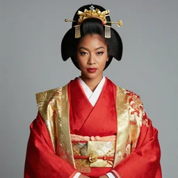 portrait of attractive dark - skinned woman wearing regal japanese ceremonial attire, gold trimmings, red dress, intricate details, red dress, ultra - realistic, studio lighting, editorial photography by greg rutkowski