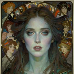 realistic detailed face portrait of Jennifer Connelly as a beautiful unearthly ghostly haunting spectral mysterious ominous Gothic fairytale Goblin Queen by Alphonse Mucha, Ayami Kojima, Amano, Charlie Bowater, Karol Bak, Greg Hildebrandt, Jean Delville, and Mark Brooks, Art Nouveau, Neo-Gothic, gothic, rich deep moody colors