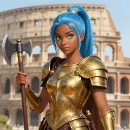 frontview portrait of gladiator warrior lady, young, beautiful, dark skin, light blue hair, ponytail, big open green eyes, cute, heavy brass armor, axes, posing, coliseum background, love interest, highly detailed, smooth, sharp focus, digital painting, artgerm and greg rutkowski and alphonse mucha