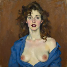 expressive medium shot portrait of a pale sexy young 8 0 s model busty woman with curly brown hair, big maroon lips, wearing a blue shirt, brown background, oil painting, impasto, muted colors, artwork by lucian freud, arnold bocklin, modigliani