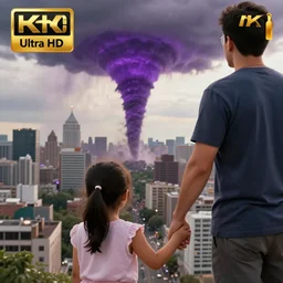 Dad holds daughter's hand as they watch a Huge purple tornado wreck their beloved city Ultra HD 4K