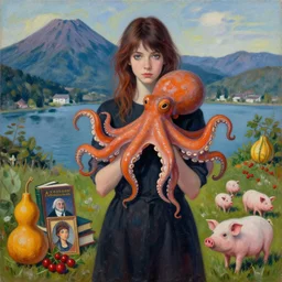 tall emo girl artist holding an octopus, in hakone, books, small portraits, gourds, berries, pigs, acrylic on canvas, surrealist, by magritte and monet