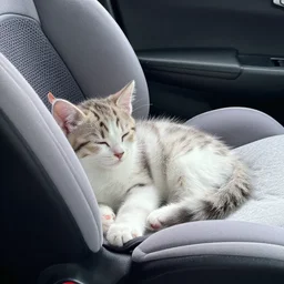 photo of a kitten in a car seat sleeping, 8 k 8 5 mm f 1. 6