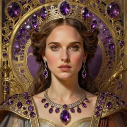 portrait of natalie portman as a queen, throne, jewelry, greek, amethyst, intricate, headshot, highly detailed, digital painting, artstation, concept art, sharp focus, cinematic lighting, illustration, art by artgerm and greg rutkowski, alphonse mucha, cgsociety