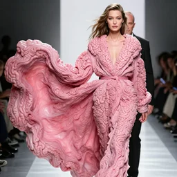 tony danza as gigi hadid in fashion photography, designer runway robe that looks like brain matter, billowing, pink, roiling, detailed