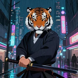 samurai with tiger head, holding the sword katana, cyberpunk city on the background, rainy night, neon glow, artstation trending, Peter Andrew Jones, Joe Jusko, Simon Stolenhag