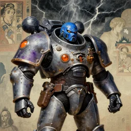 composition of modernismo and futuristic, warhammer, cyber armor, more and more scars, thunderstorm, blue head, earth eyes, some purple and orange, the middle ages, highly detailed, artstation, in the style of moebius, jugendstil and classic japanese print, art by rene magritte and jean delville