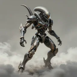 daemonic mecha cyberpunk xenomorph, dynamic pose, in clouds, by greg hildebrandt, studio lighting, muted colors, by terry richardson, by leonardo davinci, extreme detail, volumetric, reflective, trending on artstation, 8 k
