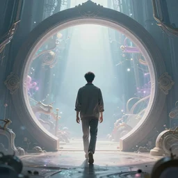 back view of a man walking through an interdimensional warp gate, a magical round gate, dreamy, ethereal, digital art by greg rutkowski and dan mumford, highly detailed, trending on artstationhq