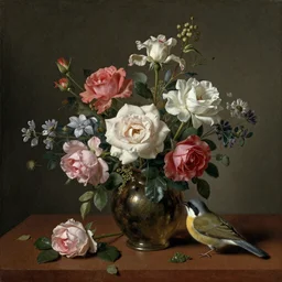 detailed dutch still life painting of flowers and roses, one bird, sharp focus, dark background