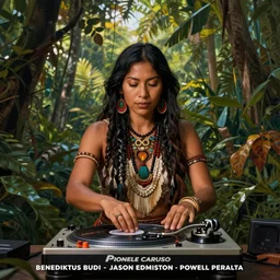 a beautiful indigenous dj woman deejing with a pioneer turntables in the jungle, poster art by daniele caruso, benediktus budi, jason edmiston, vc johnson, powell peralta