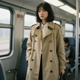 a pea in a trench coat standing in the train