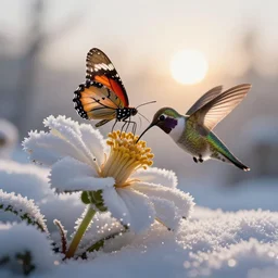 ( butterfly mixed with a hummingbird ), drinking from a large beautiful flower in the snow, dawn, frost, ice, sunrise, macro shot, hyper realism,