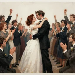 rich, lines by albert joseph moore, by ettore tito lomography. a beautiful installation art of a man & a woman in a passionate embrace. the woman is wearing a white dress & the man is wearing a black suit. they are surrounded by a crowd of people who are cheering & clapping.