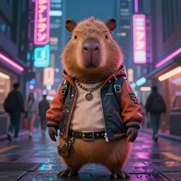 beautiful furry digital art portrait commission of an androgynous furry anthro capybara fursona wearing punk clothes in the streets of a cyberpunk city. neon signs. character design by charlie bowater, skeleion, thanshuhai, zaush, imalou, tessgarman, artgerm, makoto shinkai, fa, furraffinity