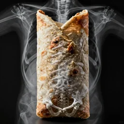 an xray of a pizza roll with a ribcage and pelvis bone