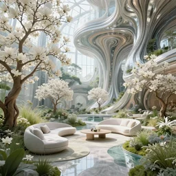 highly detailed biophilic futuristic cyborg city garden natural beautiful light interior soft cinematic composition of a granite metallic wood nebula fluid white magnolias surreal scifi architecture landscape, furniture, trees, grass, flowers, water, vincent callebaut composition, 8 k, unreal engine, hdr