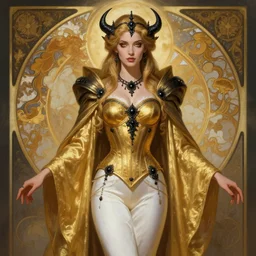 Portrait of a Holy Necromancer, female, beautiful, golden robes, white pants, exquisite black accessories, golden corset, highly detailed, smooth, sharp focus, digital painting, illustration, fantasy, by Krenz Cushart and Artem Demura and alphonse mucha, artstation, cgsociety, HD 16K