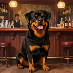 anthropomorphic smiling rottweiler as a bartender in a swanky bar, thomas kinkade