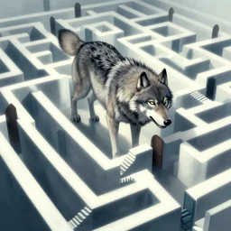 a giant wolf in a huge bright maze of many doorways and lots of stairs, many doorways, inside MC Escher architecture, artstation, Junji Ito, epic composition