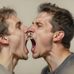 realistic portrait beautiful painting of man shouted inside the mouth of a man who was screaming too. fine draw, real smooth lines.