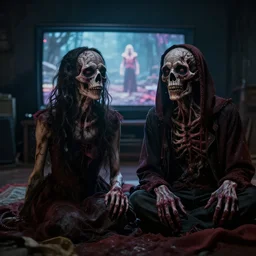 fatally malnourished and brainless undead couple watching unintelligible demonic tv show, realistic, dramatic lighting, fantastic reality, 8 k resolution