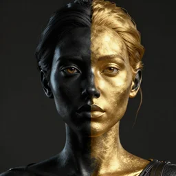 a wonderful woman with half face black and half gold, detailed realistic, cinematic, octane rendered