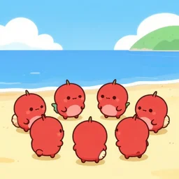 a group of red cute hermit on sandy beach, cartoon