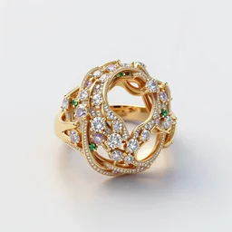 mystical gold and diamond thin curly female ring with fine purple and green details, ultra detailed, centered, octane render, elegant, caustics