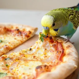 a parakeet biting into a slice of pizza, photo