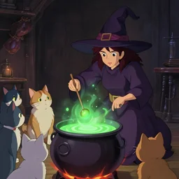 a wholesome animation key shot of a witch cooking a magic point in her cauldron of bubbling green liquid as her cats watch, medium shot, waist up, studio Ghibli, Pixar and Disney animation, sharp, Rendered in Unreal Engine 5, anime key art by Greg Rutkowski, Bloom, dramatic lighting