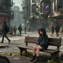 storyboard panel : sadie sink in hoodie sits on bench in ruined square, pedestrians walk by, steampunk tenement windows in background. scifi cyberpunk. by gabriel hardman. cinematic atmosphere, detailed and intricate, perfect anatomy
