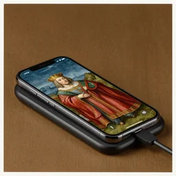 a 1 5 th century medieval oil painting of a an iphone on a wireless charger, c. 1 4 7 8. high quality scan